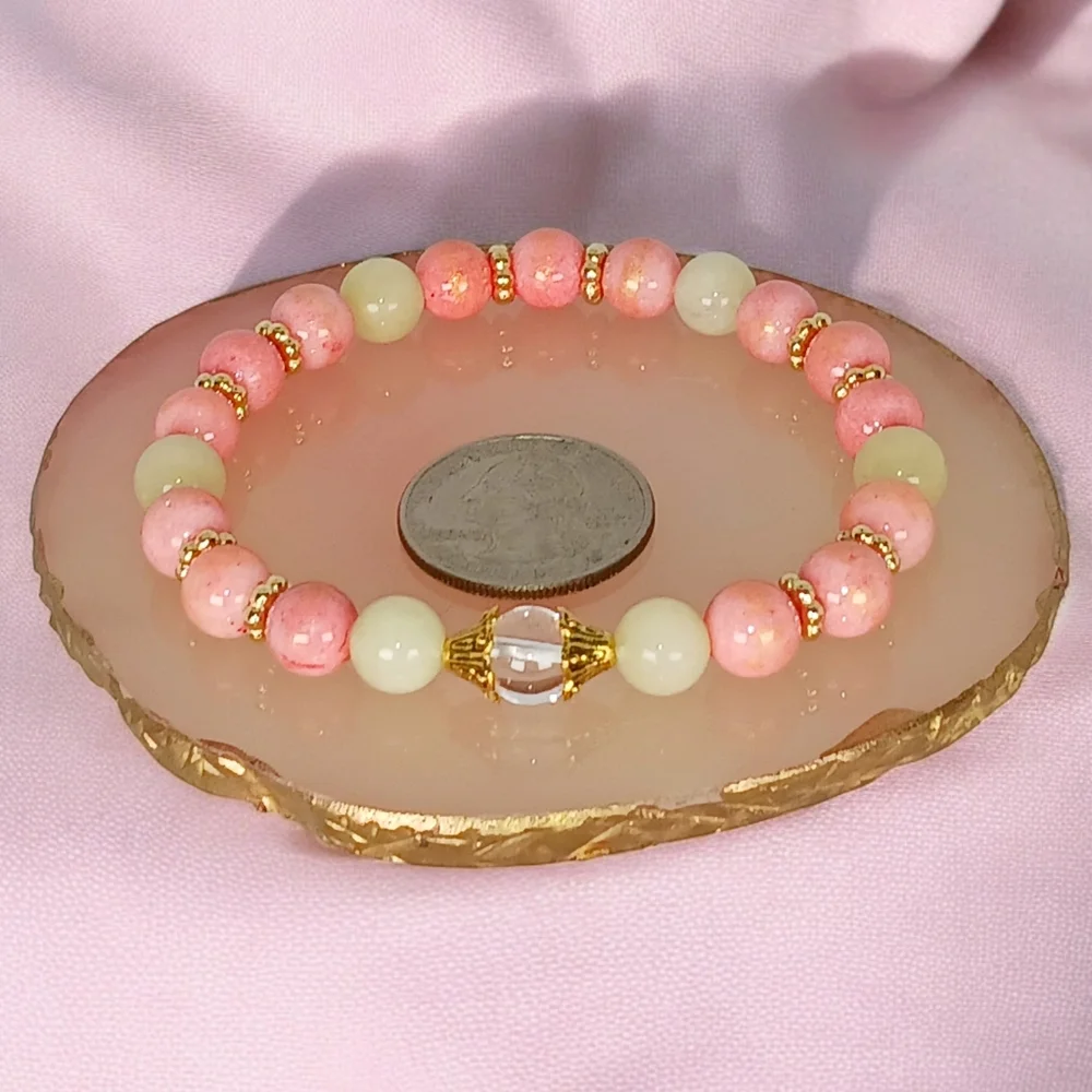 Peach Pink Mountain Jade Green Beryl & Clear Quartz Crystal Bracelet New Preppy
